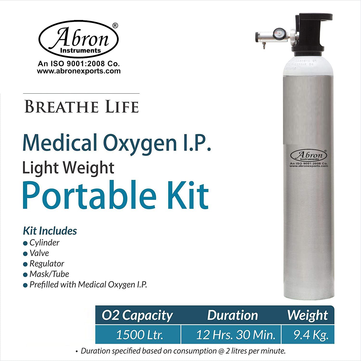 Cylinder oxygen 1500 Liters with regulator gauge tube mask medical use Portablle abron ABM-2360C15H 