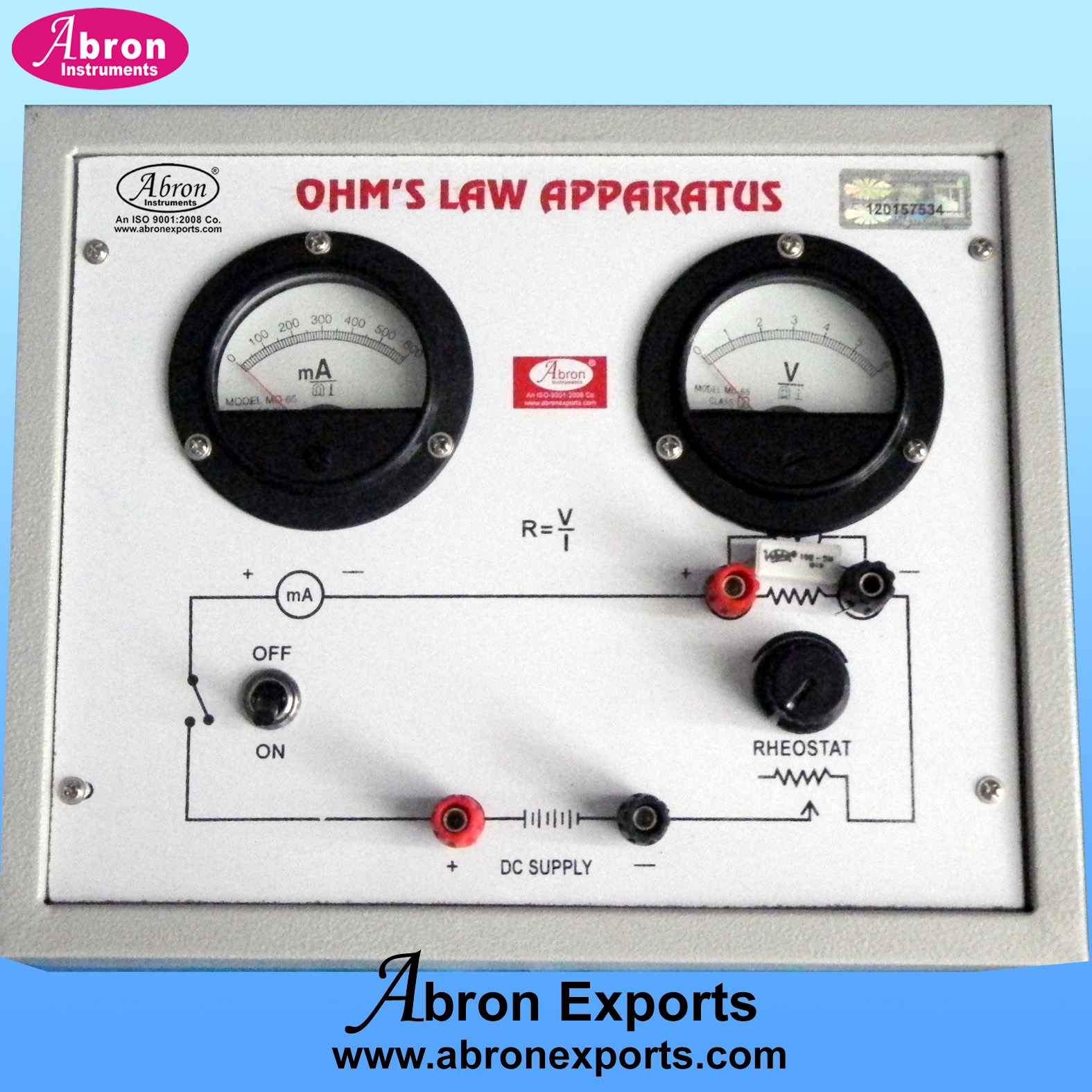 Ohms Law Apparatus circuit trainer 2 meters with Terminals Potentiometer (Rheostat) Resistance No power supply AE-1335-B