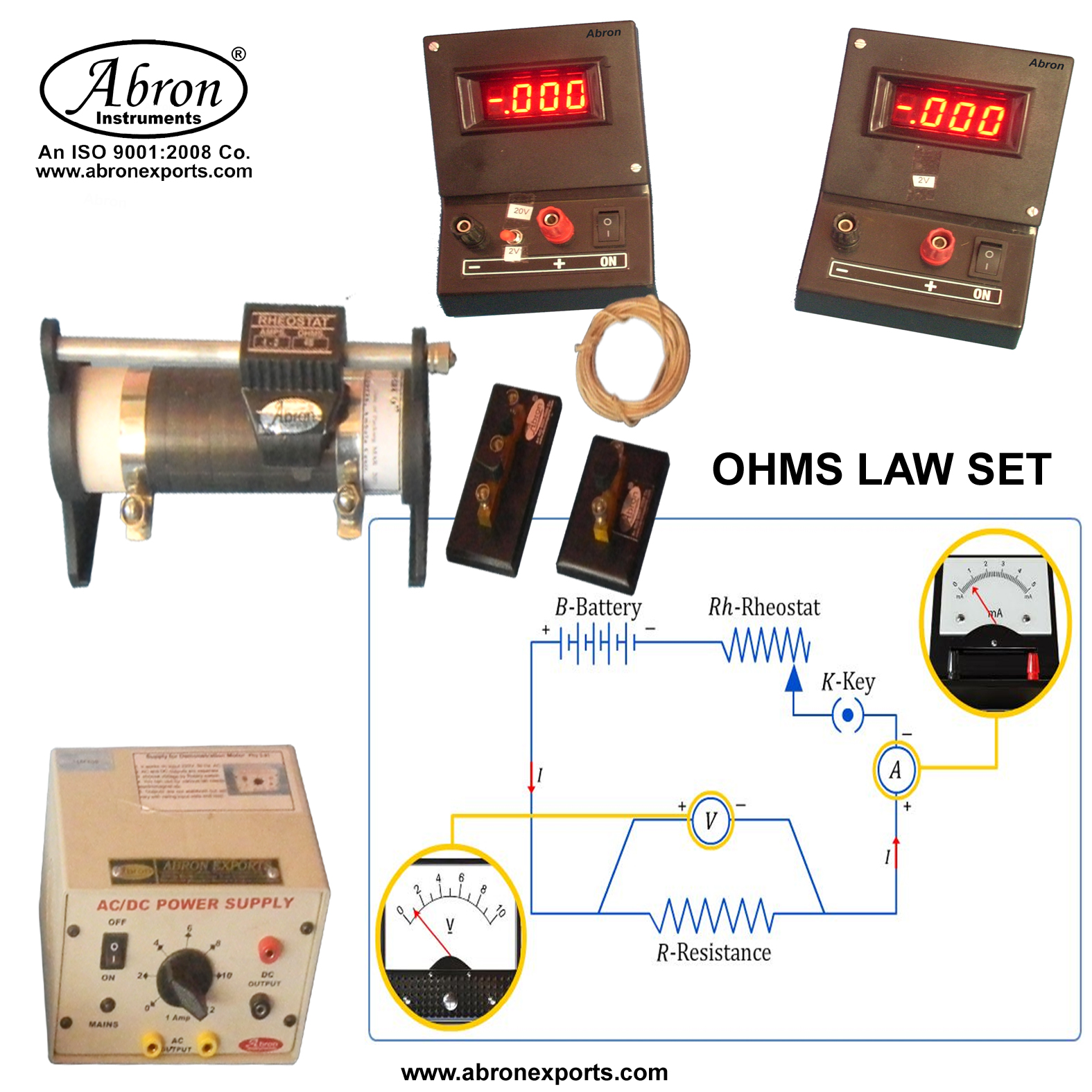 Ohms Law Setup Kit With Rheostat Digital Voltmeter Milli Ammeter Resistance battery ( Eliminator) plug key DCC wire AE-1335-D