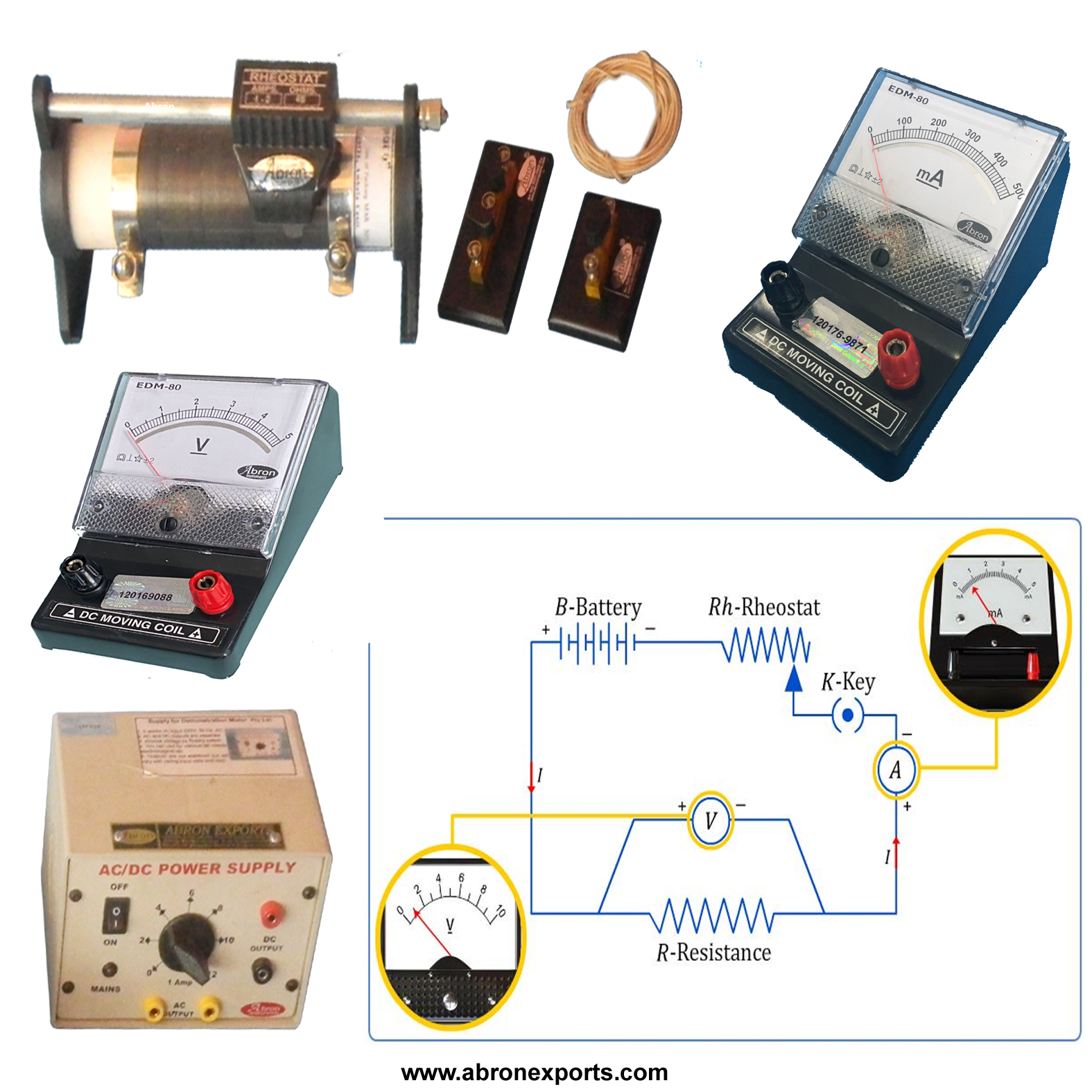 Ohms Law Setup Kit With Rheostat Voltmeter Milli Ammeter Resistance battery ( Eliminator) 	With plug keys connecting wire AE-1335K