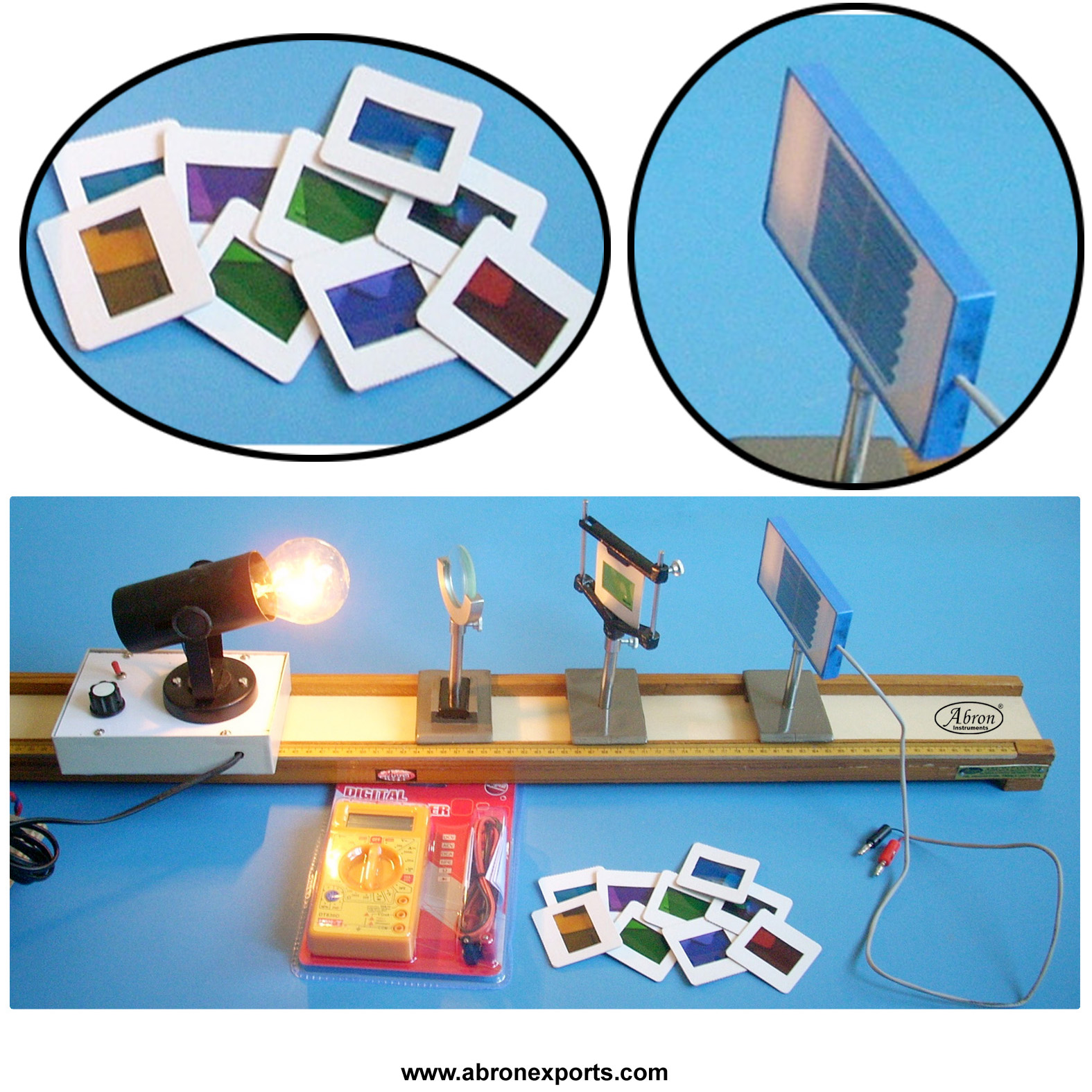 Photo Cell Solar Cell on plate output digi meters With Optical Bench riders and lens lamp house AE-1392D	