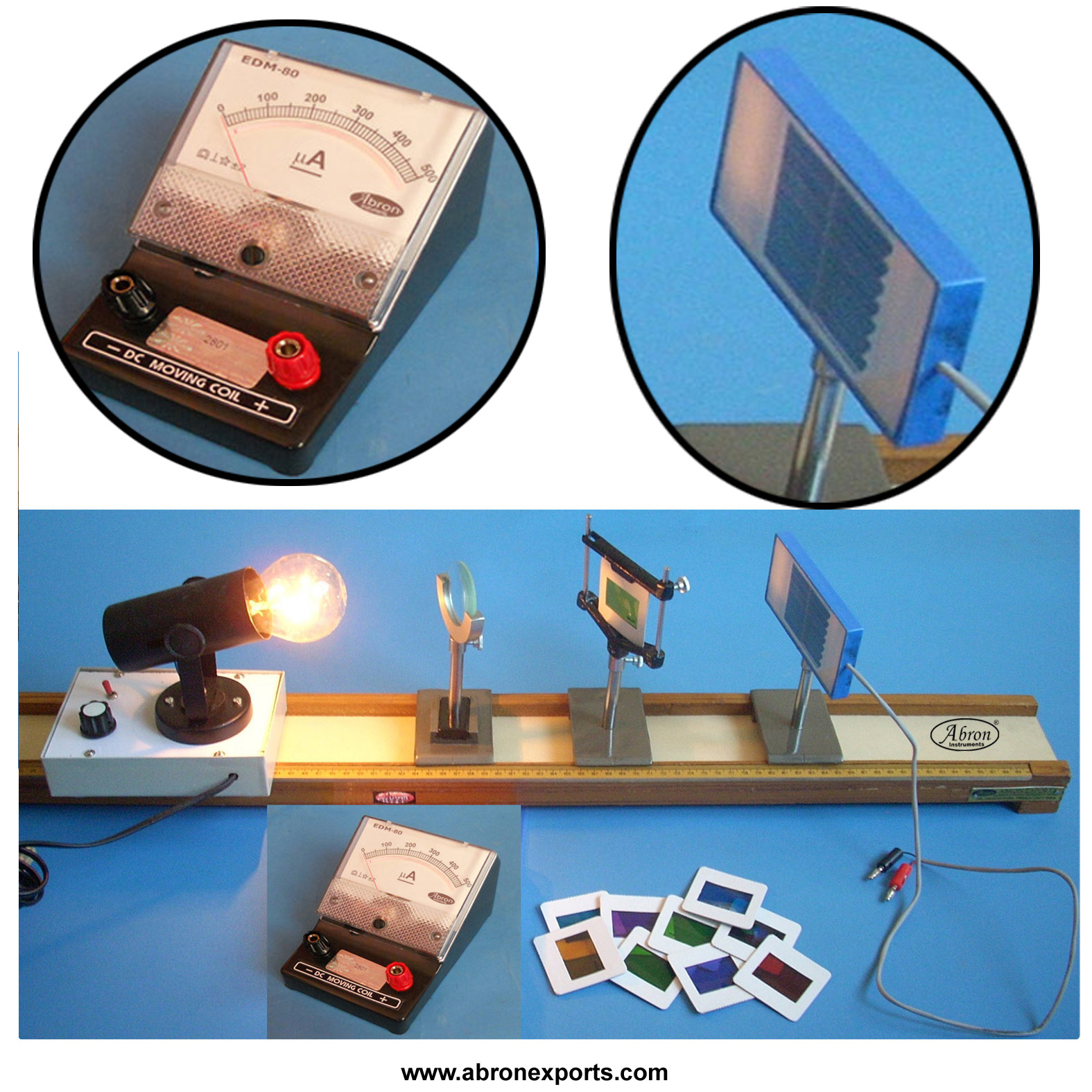 Photo Cell Solar Cell on plate output digi meters With Optical Bench riders and lens lamp house  Abron AE-1368D